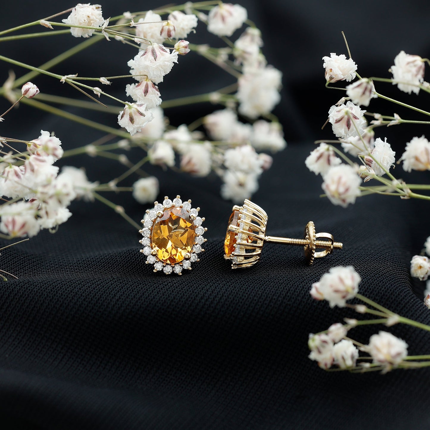 Natural 6X8mm Oval Citrine Stud Earrings with Halo