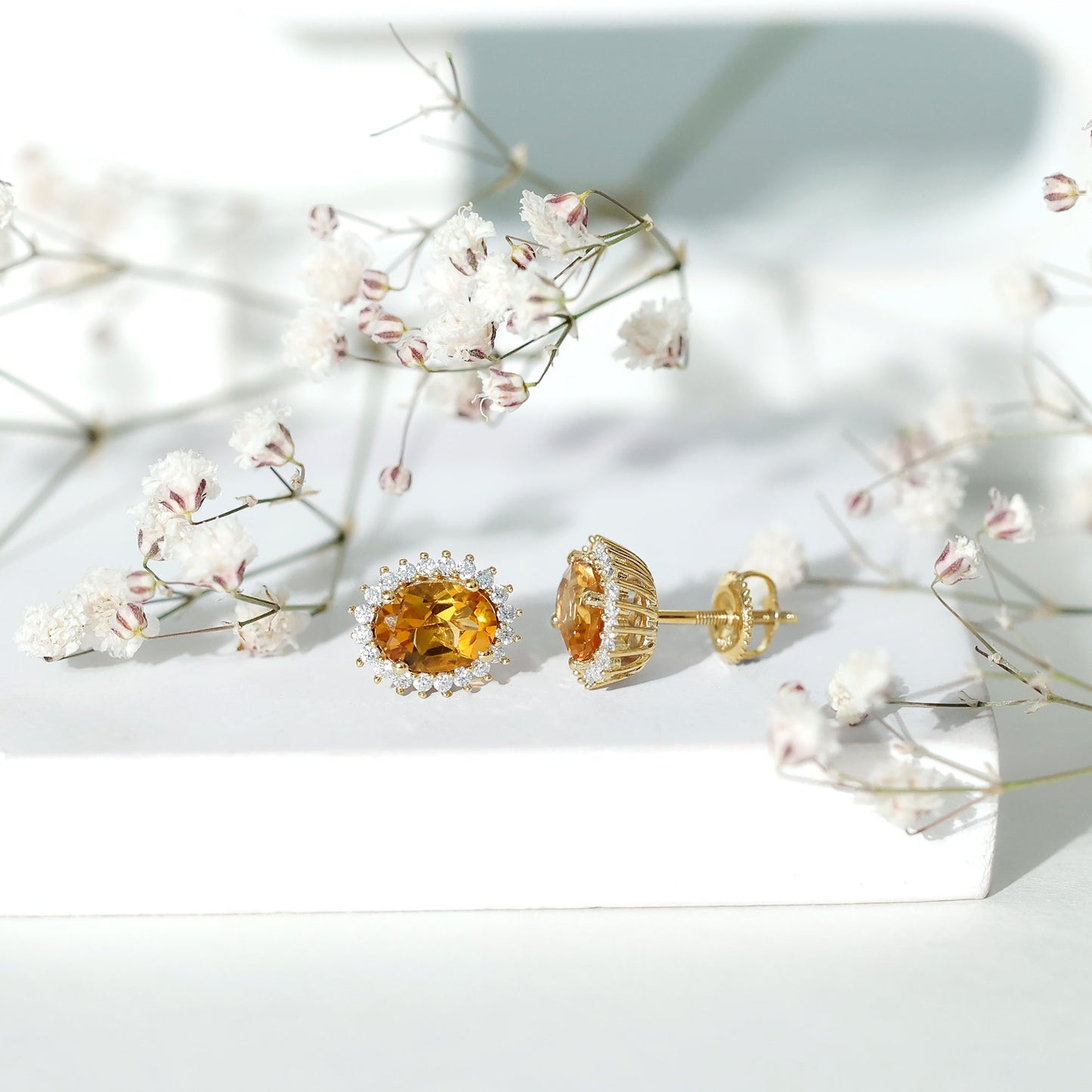Natural 6X8mm Oval Citrine Stud Earrings with Halo