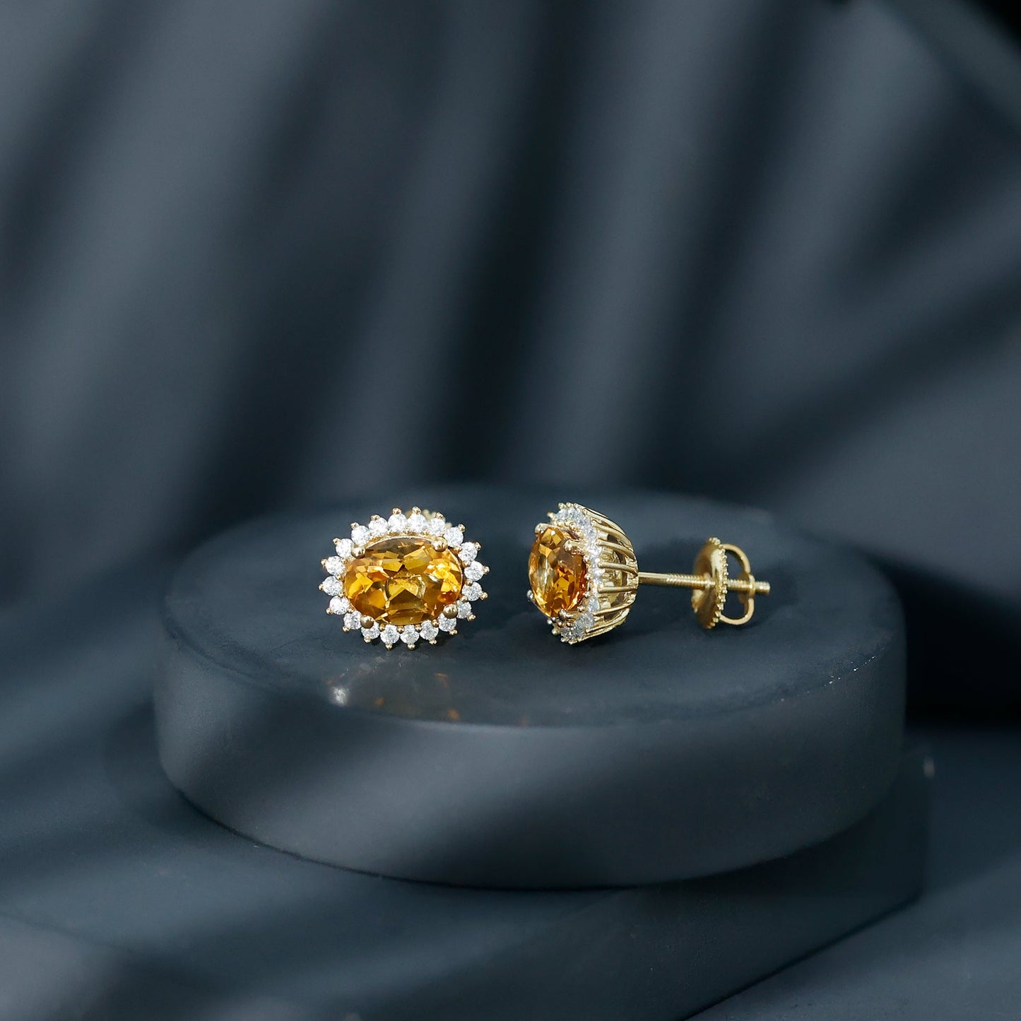 Natural 6X8mm Oval Citrine Stud Earrings with Halo