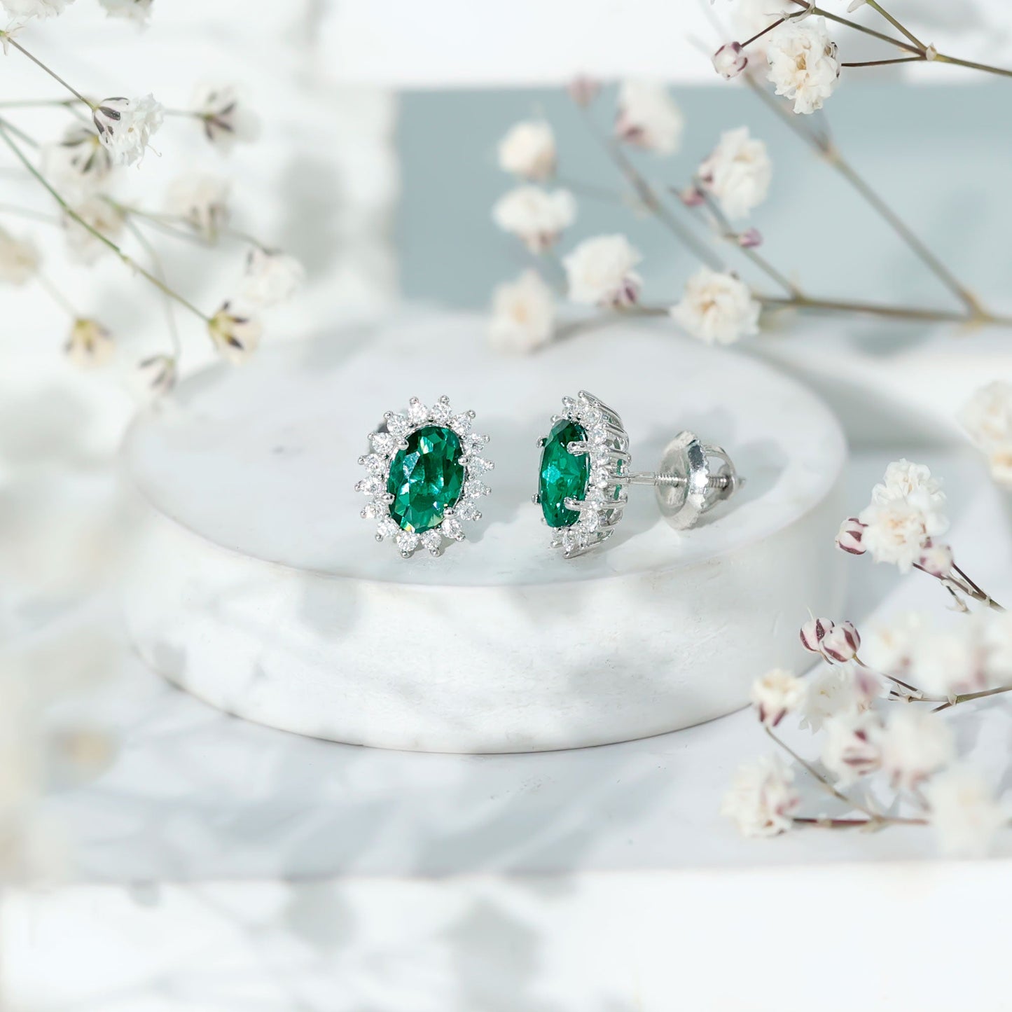 Silver 1.7 Carat Lab Grown Emerald Stud Earrings With Certificate