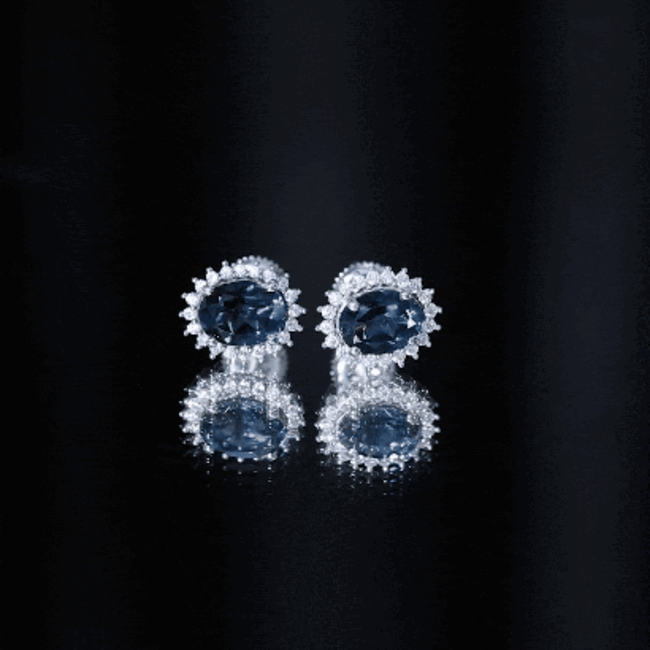 6X8MM Oval London Blue Topaz Stud Earrings with Moissanite Halo