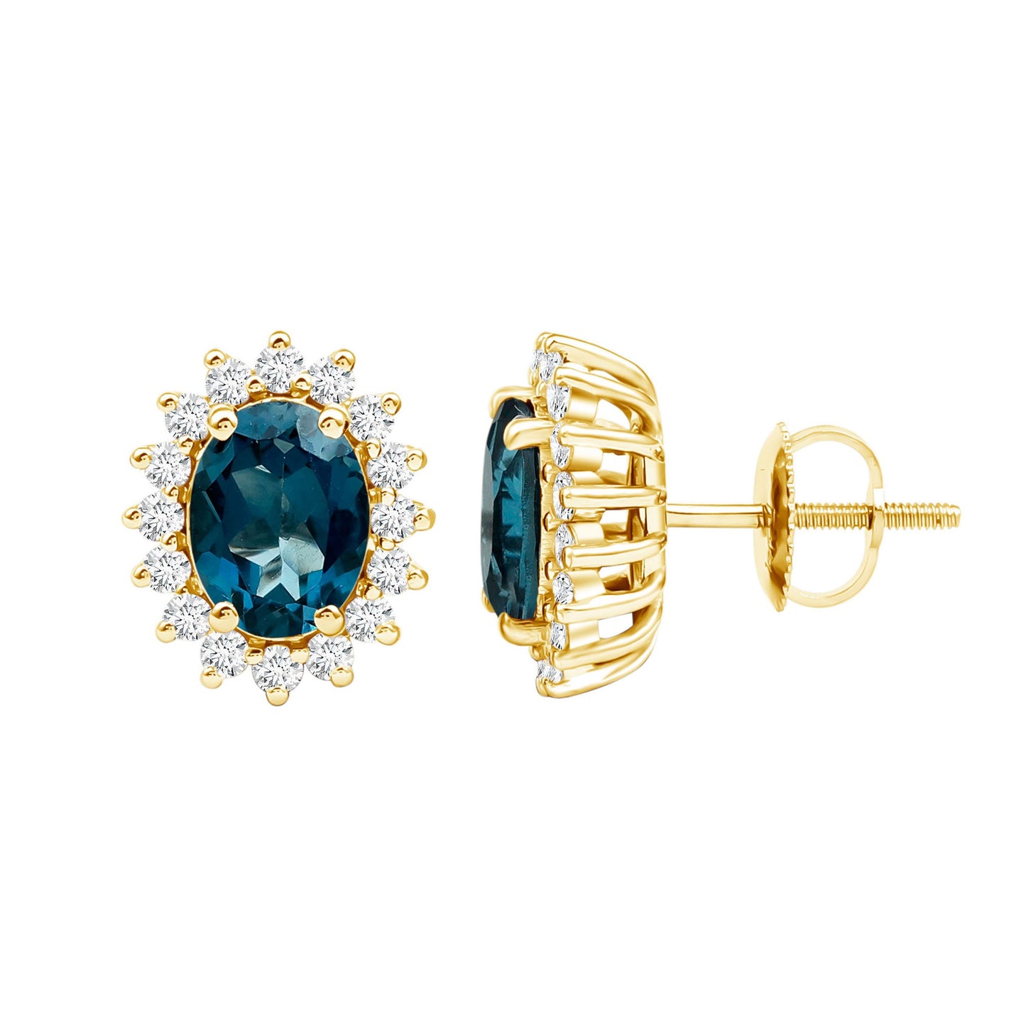 6X8MM Oval London Blue Topaz Stud Earrings with Moissanite Halo