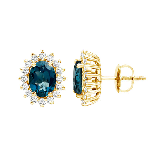 6X8MM Oval London Blue Topaz Stud Earrings with Moissanite Halo