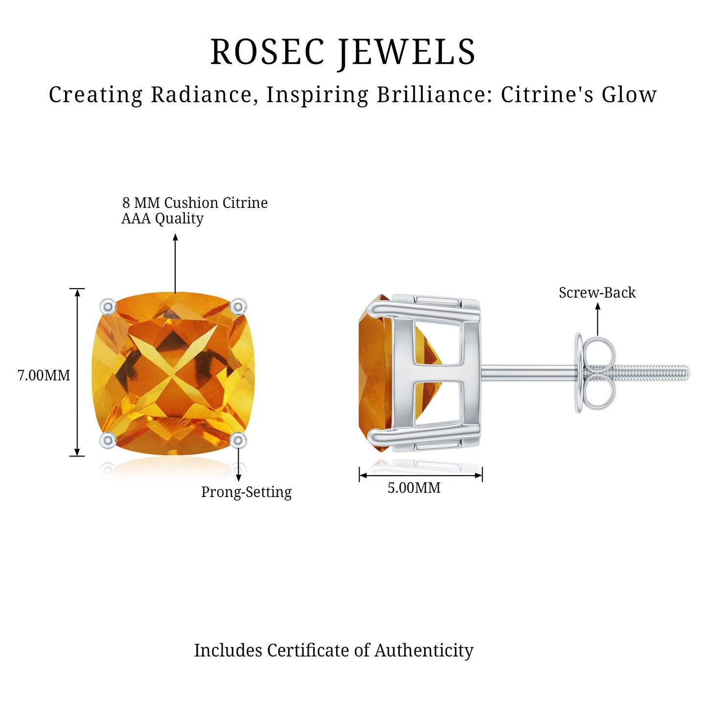 4.5 CT Cushion Cut Citrine Solitaire Stud Earrings