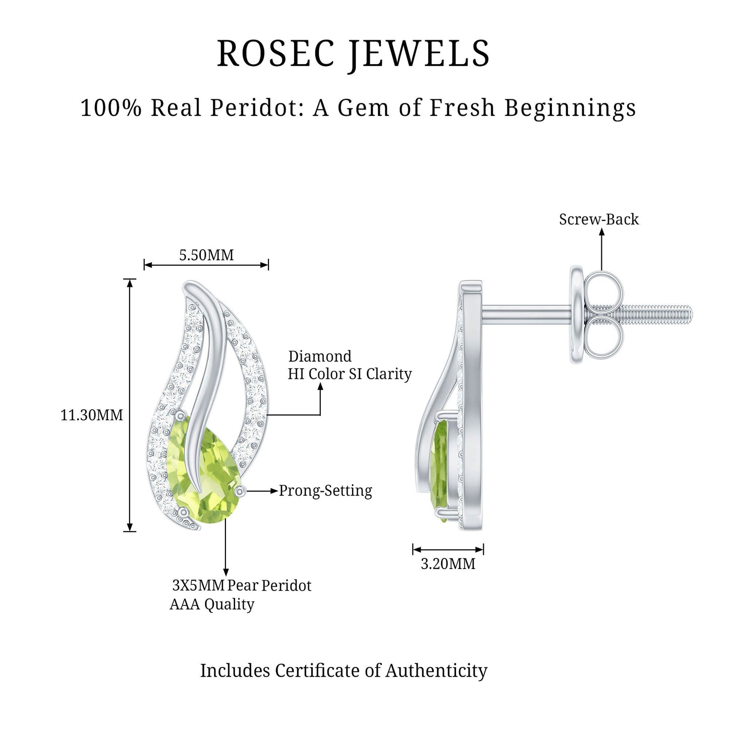 Natural Peridot Leaf Earrings with Diamond for Women