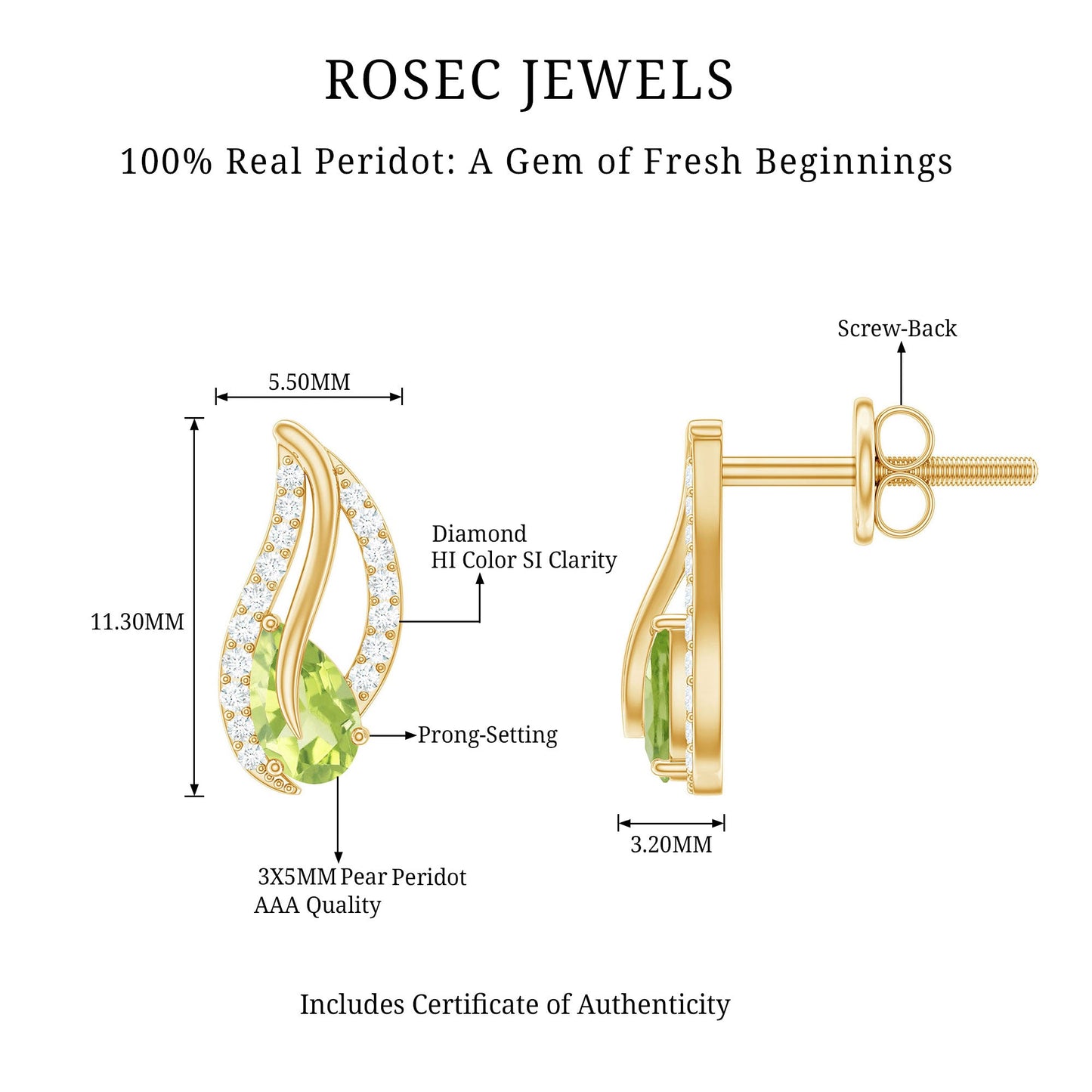 Natural Peridot Leaf Earrings with Diamond for Women