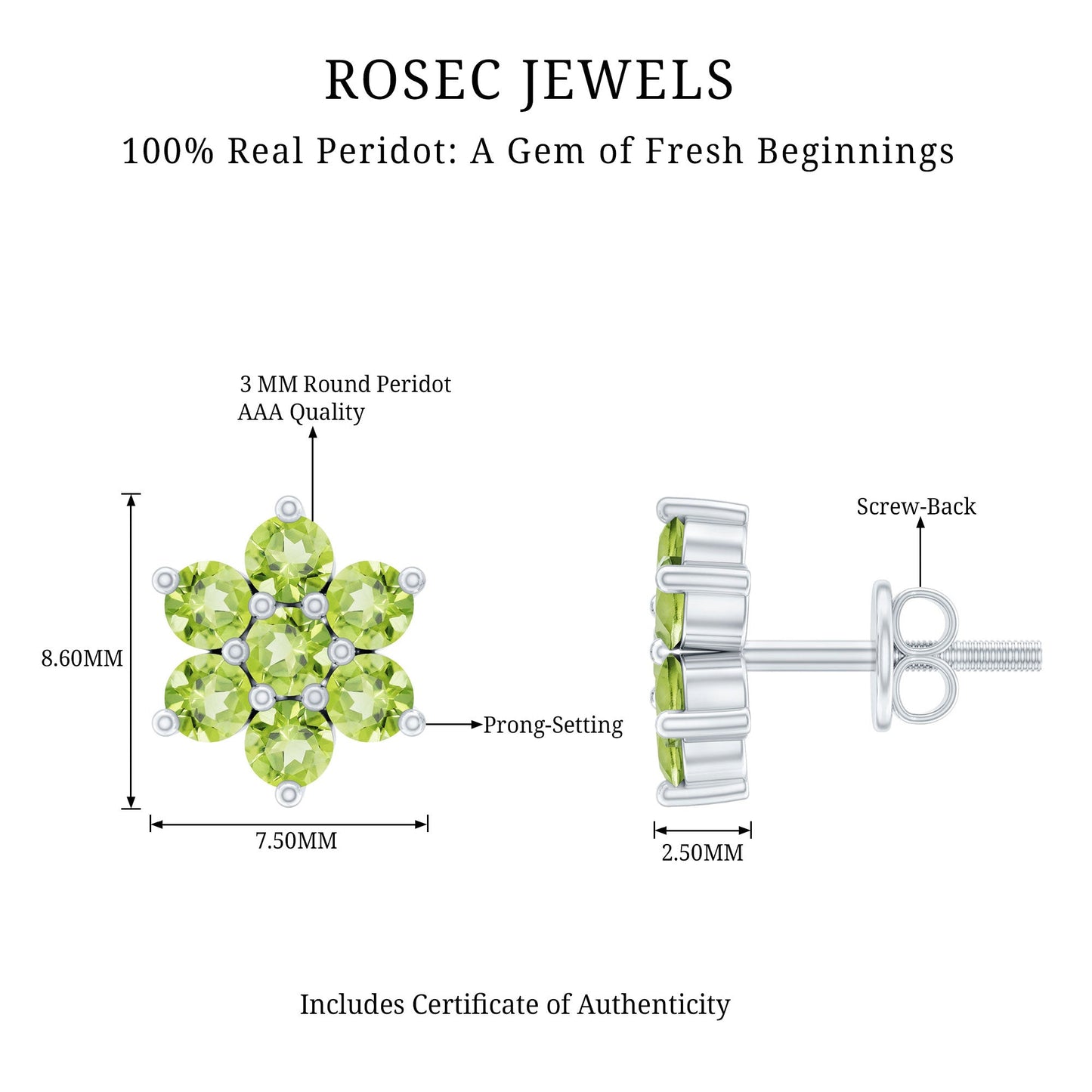Real 2.24 Carat Peridot Flower Cluster Stud Earrings