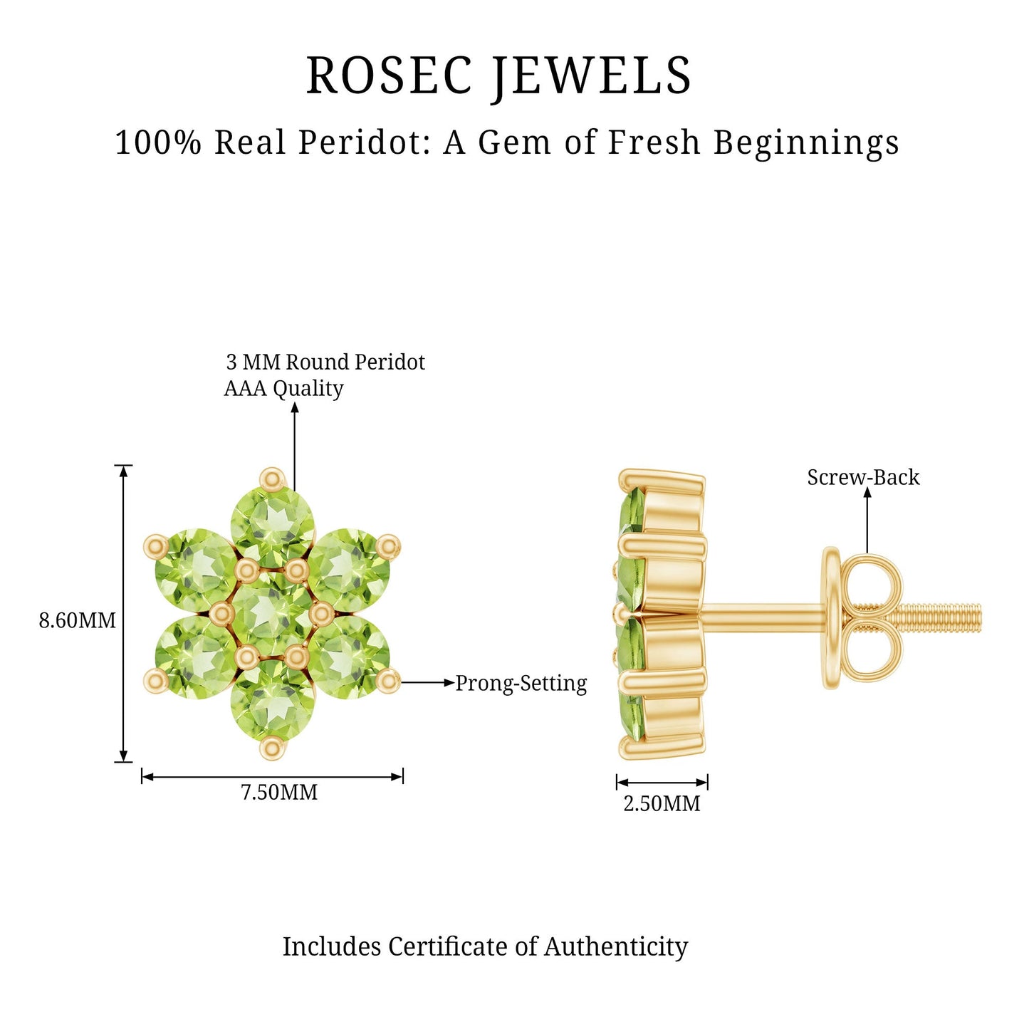 Real 2.24 Carat Peridot Flower Cluster Stud Earrings