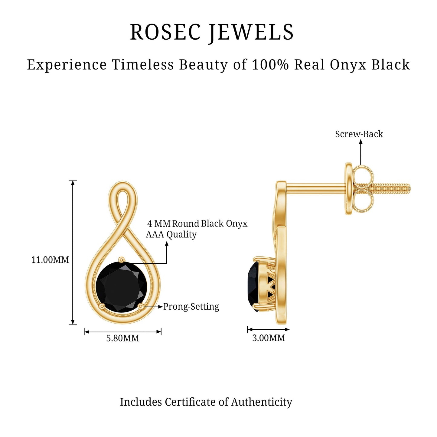 Certified Natural Black Onyx Infinity Earrings with Screw Back
