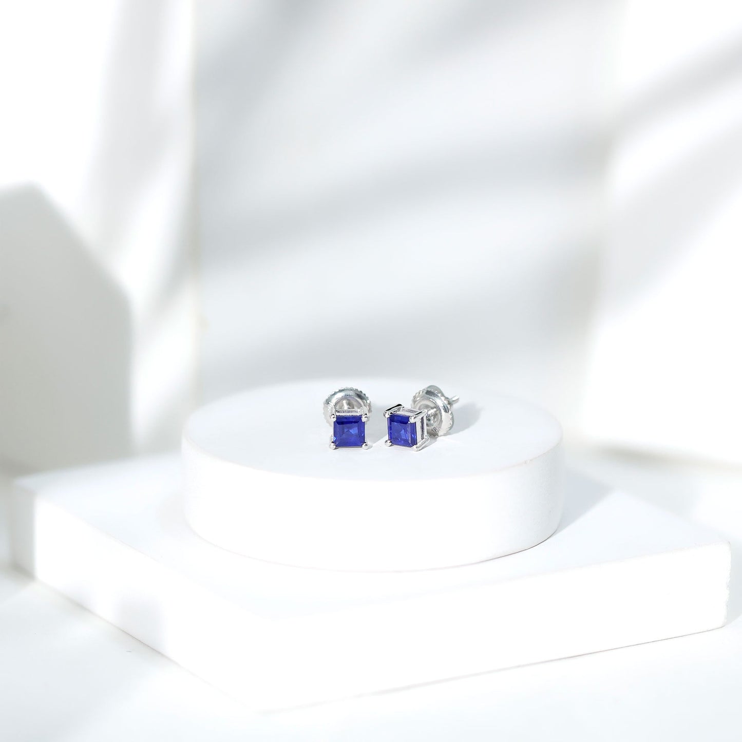 1 Carat Solitaire Blue Sapphire Princess Cut Stud Earrings