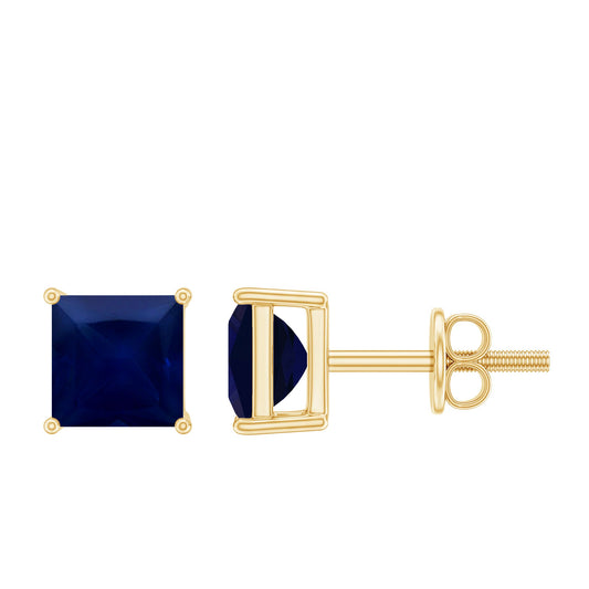 1 Carat Solitaire Blue Sapphire Princess Cut Stud Earrings