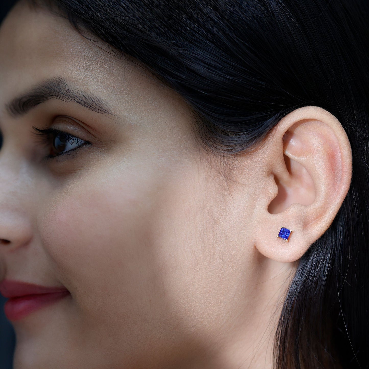 1 Carat Solitaire Blue Sapphire Princess Cut Stud Earrings