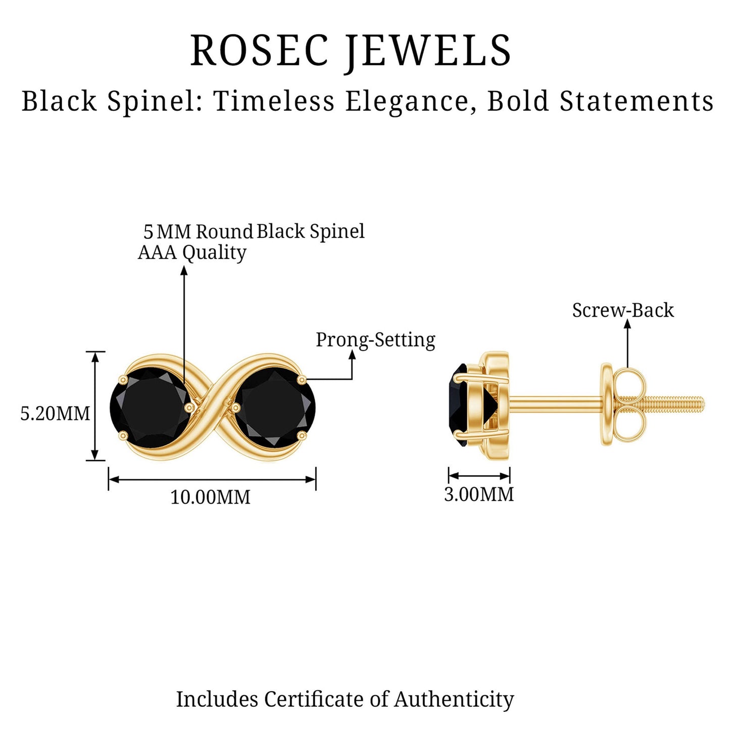 Genuine 1.8 Carat Black Spinel Two Stone Infinity Stud Earrings