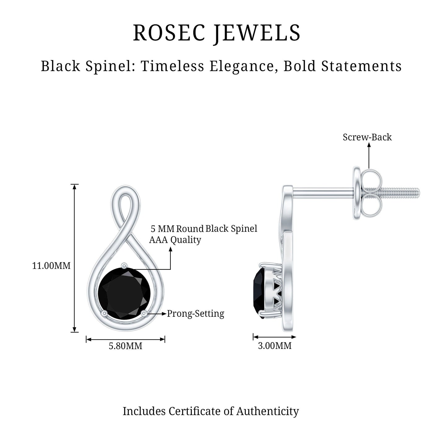 Certified Real Black Spinel Infinity Earrings with Screw Back