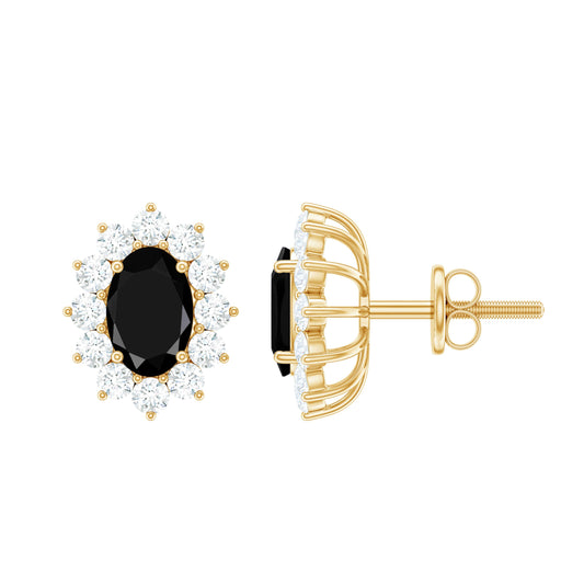 Certified Real Oval Black Onyx Stud Earrings with Diamond Halo