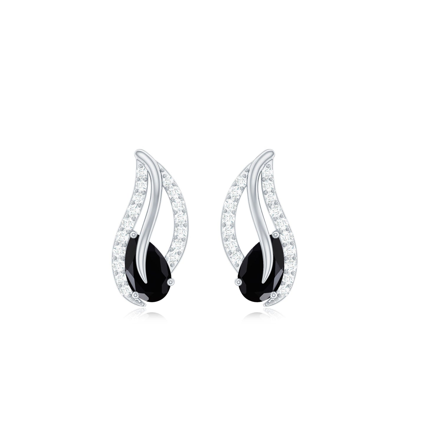 Pear Shape Black Spinel and Diamond Leaf Stud Earrings