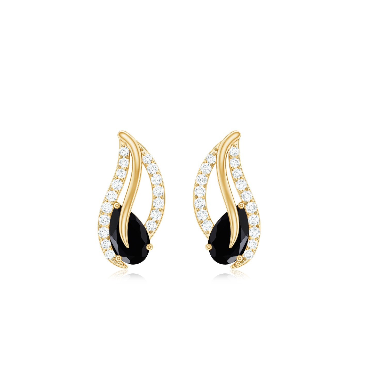 Pear Shape Black Spinel and Diamond Leaf Stud Earrings