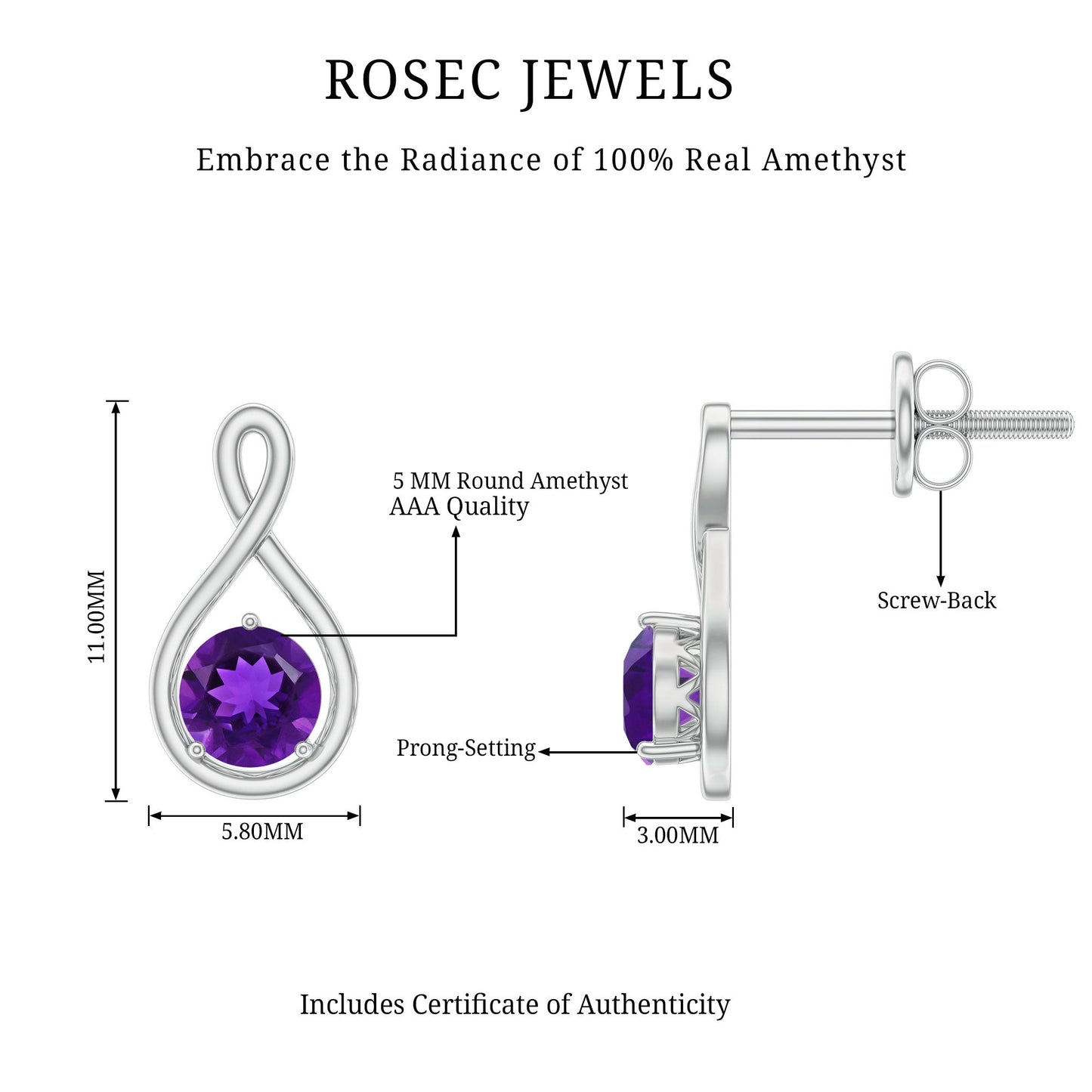 Genuine Solitaire Amethyst Infinity Earrings with Screw Back