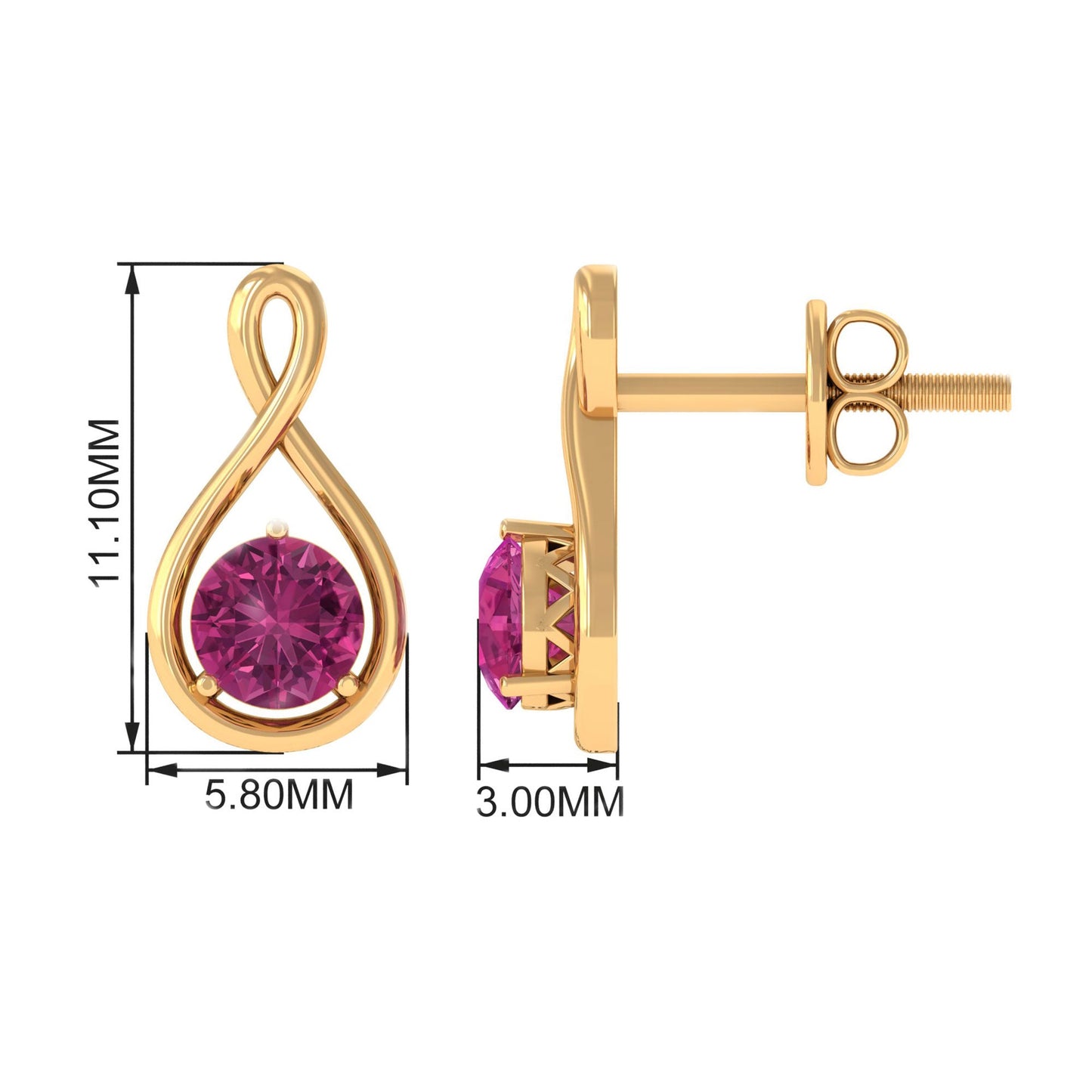 Genuine Pink Tourmaline Infinity Stud Earrings for Women
