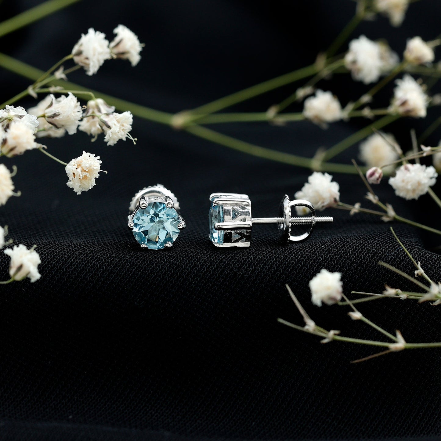 1.5 Carat Round Aquamarine Solitaire Stud Earrings
