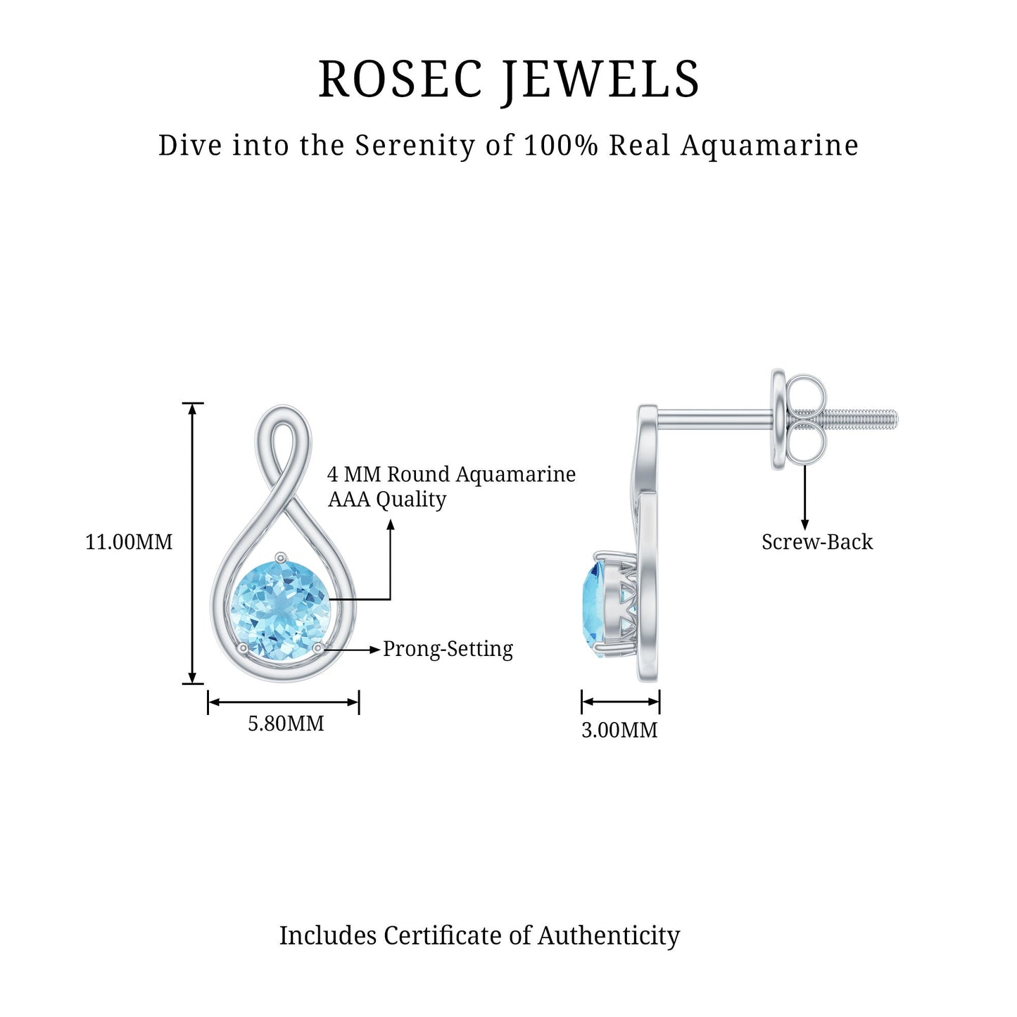Genuine 0.5 Carat Aquamarine Infinity Stud Earrings