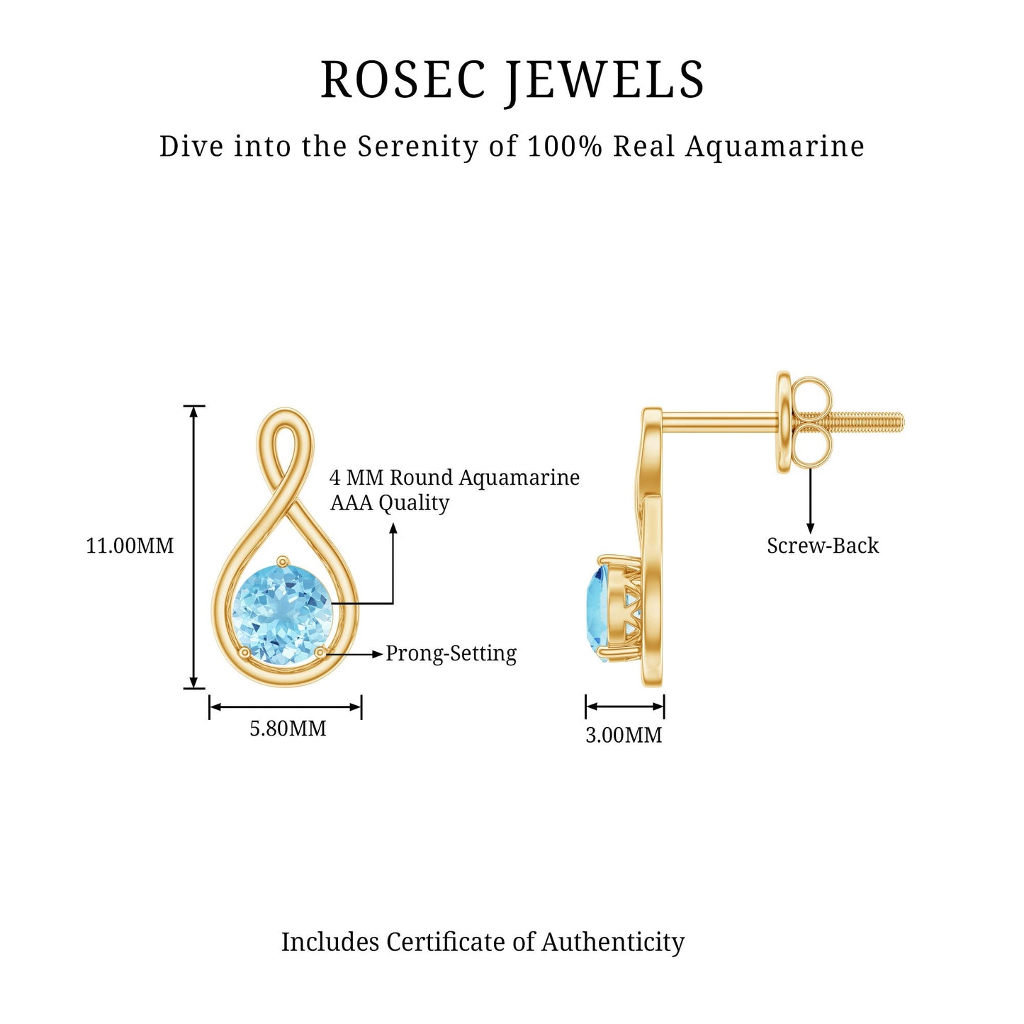 Genuine 0.5 Carat Aquamarine Infinity Stud Earrings