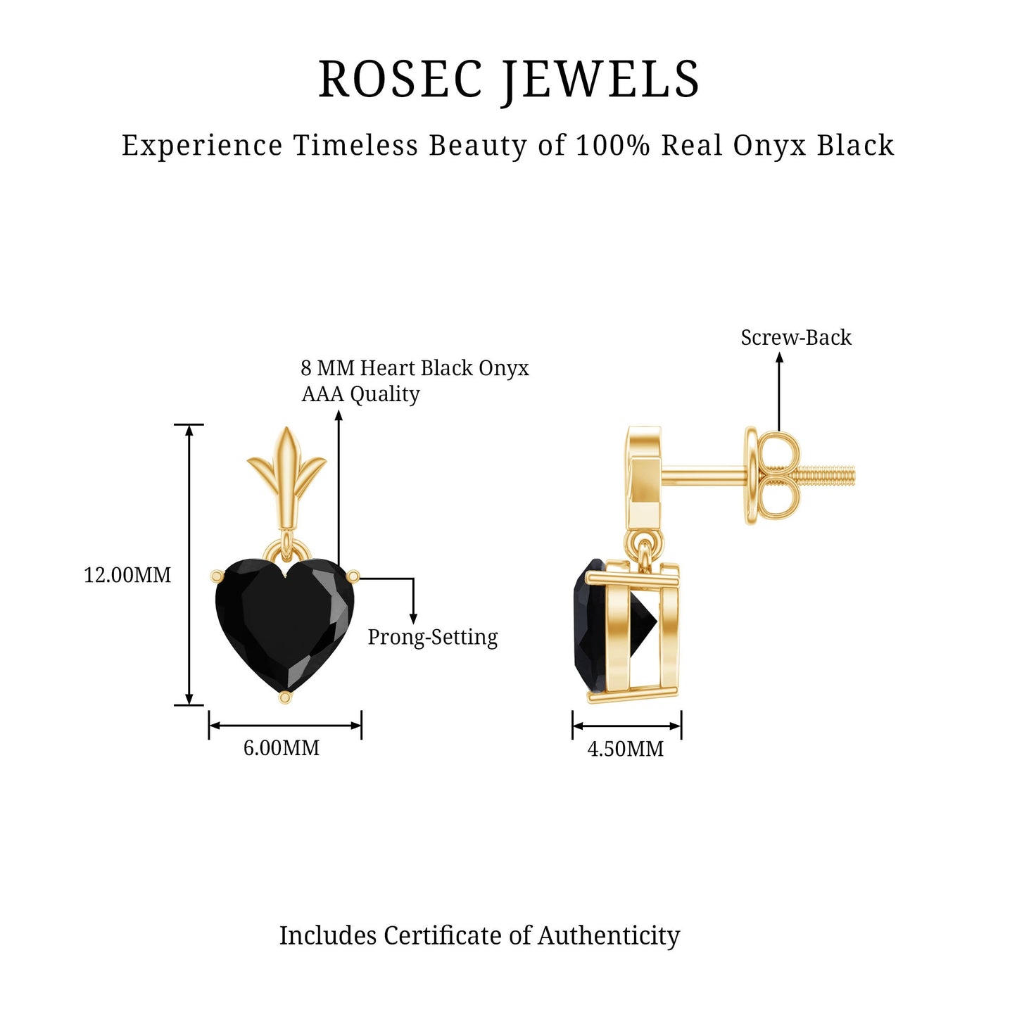 4 Carat Solitaire Black Onyx Heart Drop Earrings