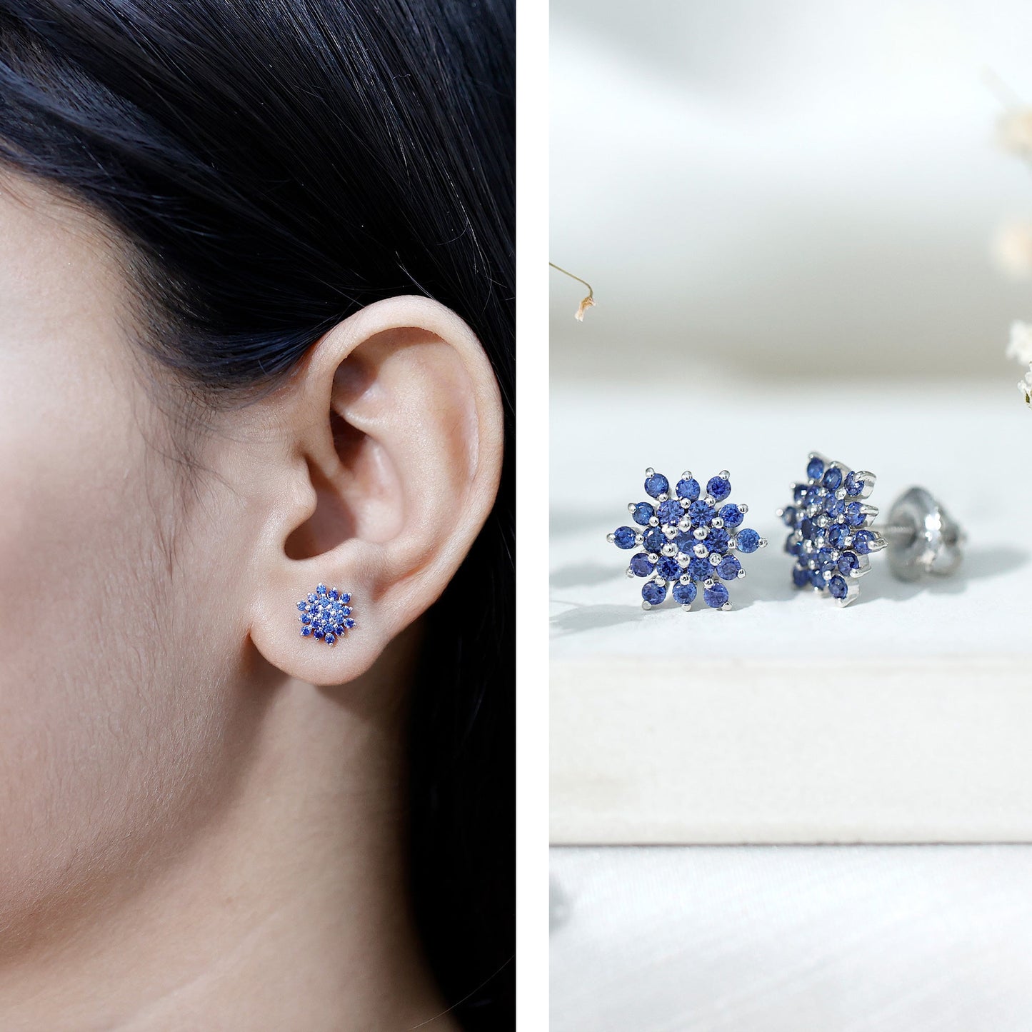 Flower Inspired Lab Grown Blue Sapphire Cluster Stud Earrings