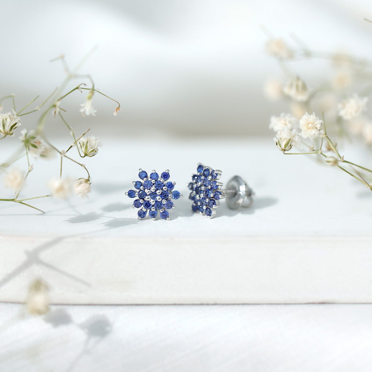 Flower Inspired Lab Grown Blue Sapphire Cluster Stud Earrings