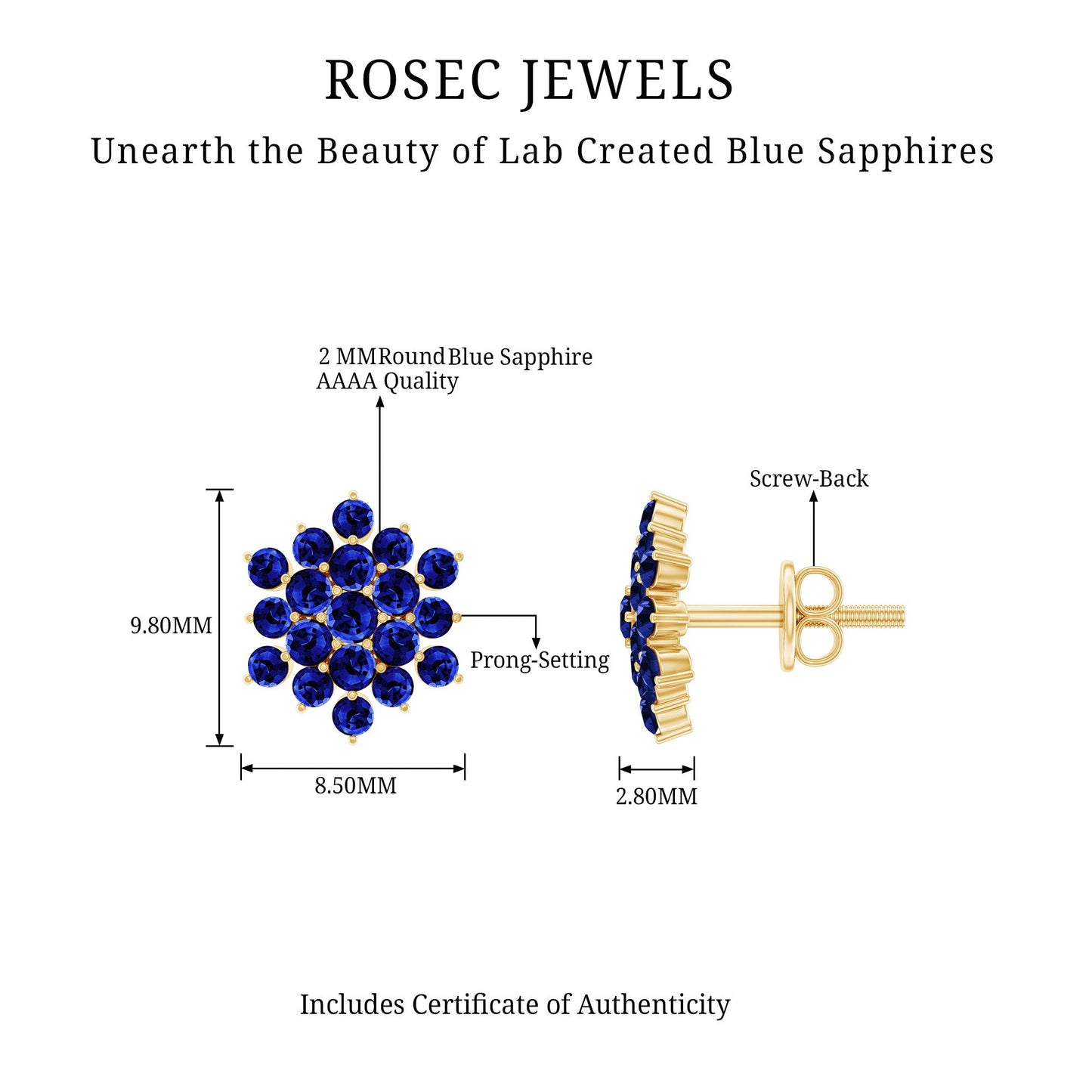 Flower Inspired Lab Grown Blue Sapphire Cluster Stud Earrings