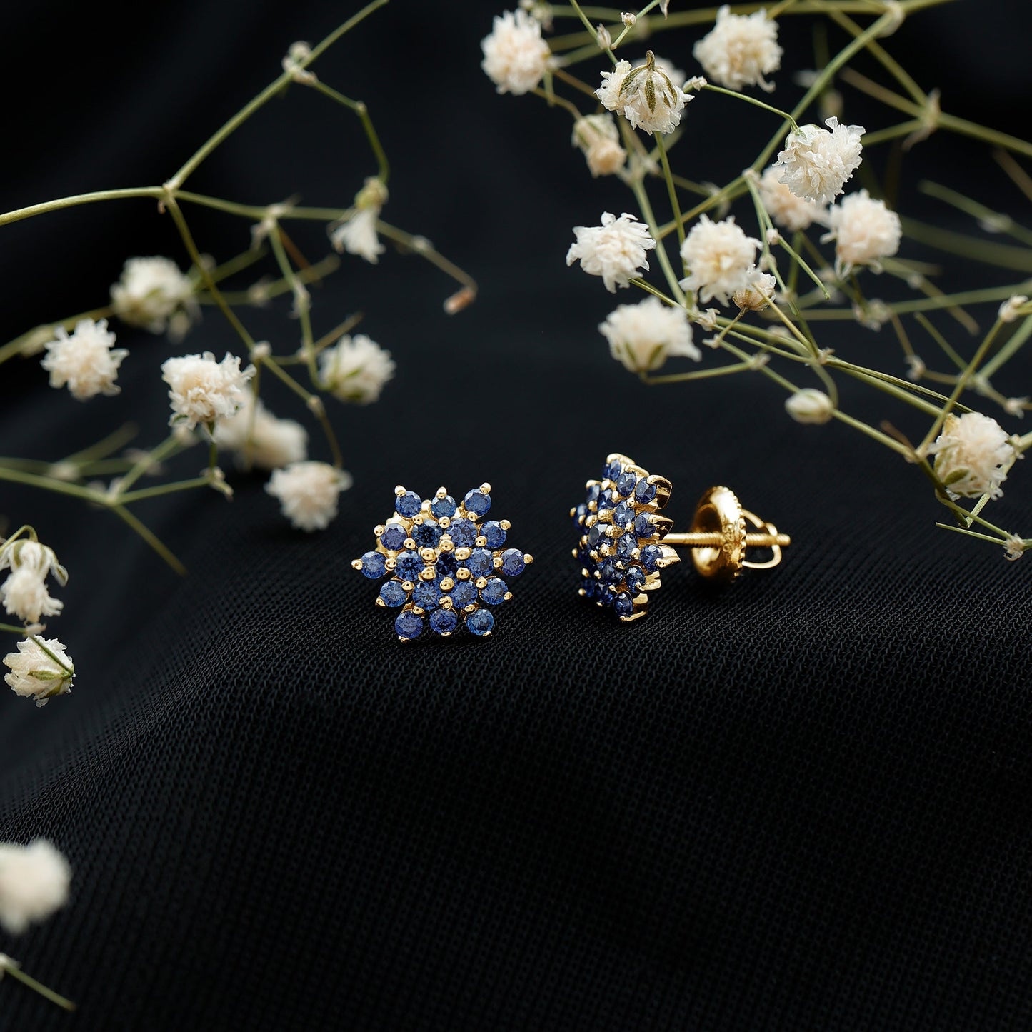 Flower Inspired Lab Grown Blue Sapphire Cluster Stud Earrings