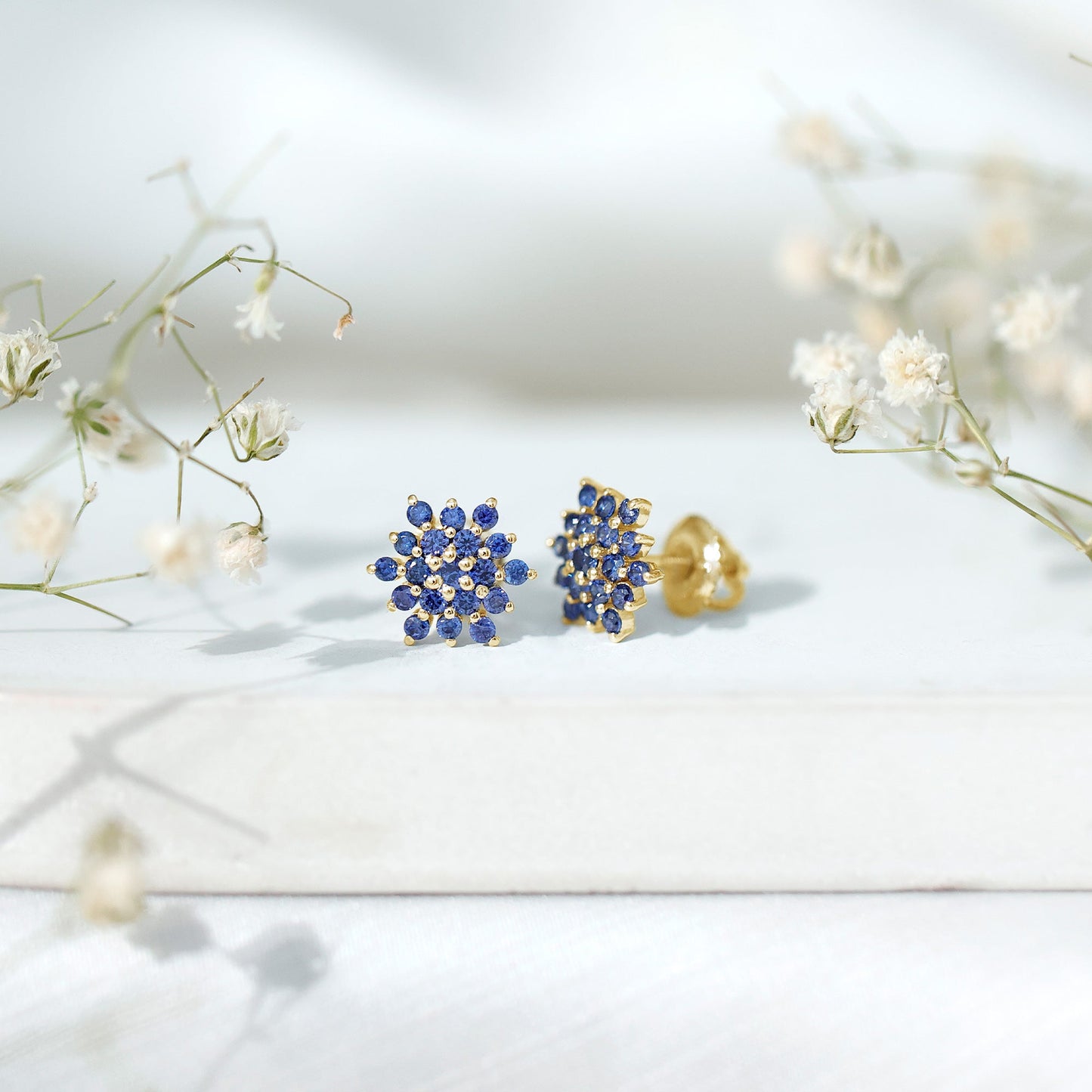 Flower Inspired Lab Grown Blue Sapphire Cluster Stud Earrings