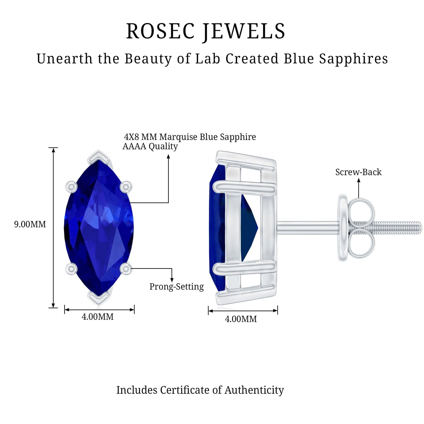 1.5 Carat Marquise Lab Created Blue Sapphire Stud Earrings