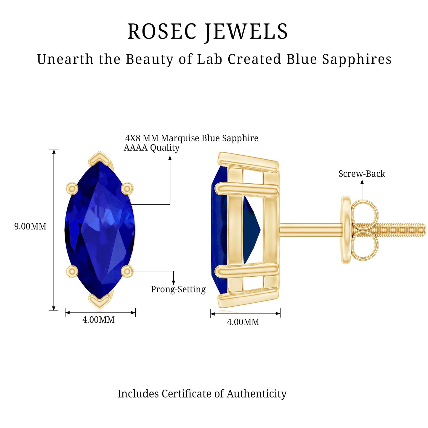 1.5 Carat Marquise Lab Created Blue Sapphire Stud Earrings
