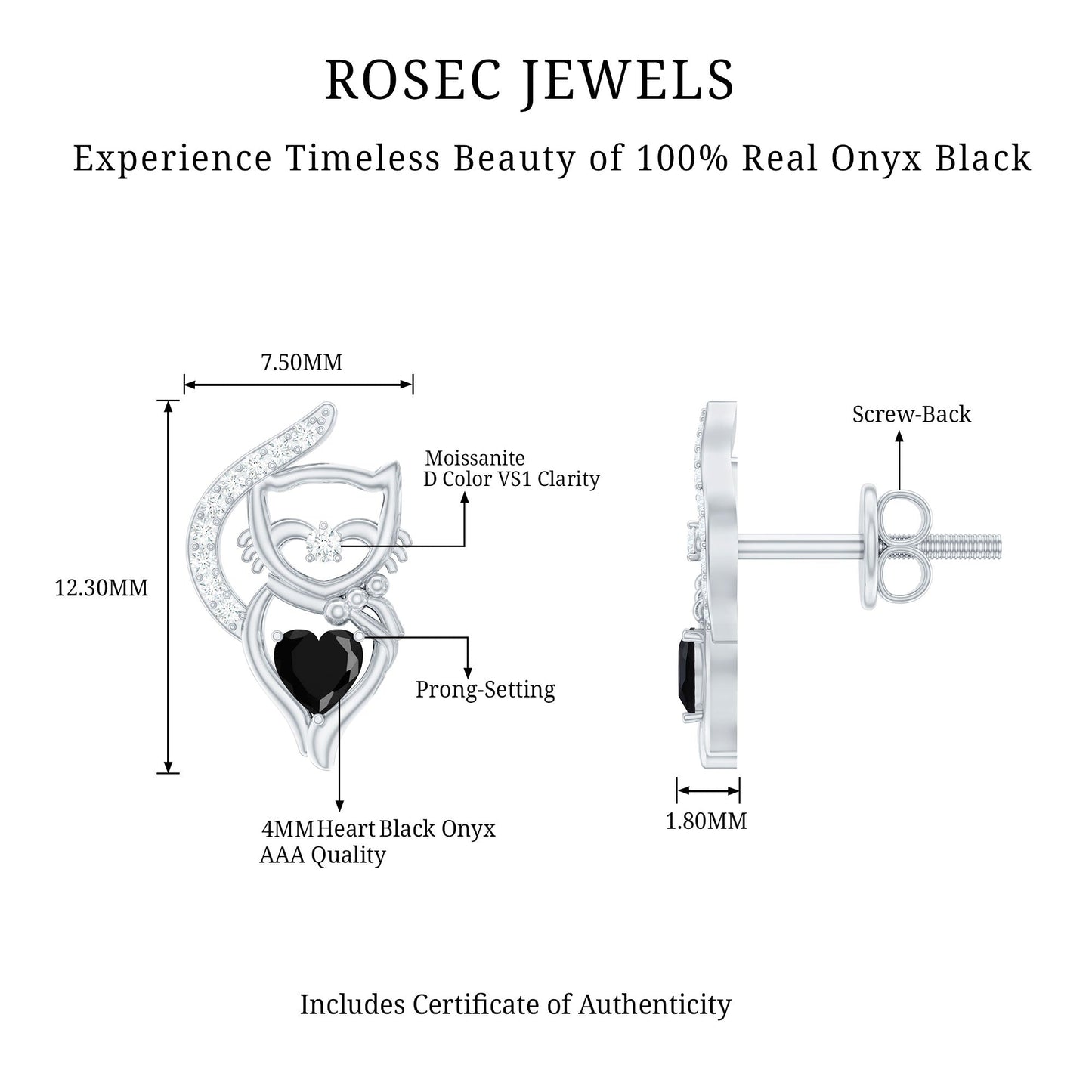 Heart Shape Black Onyx Cat Stud Earrings