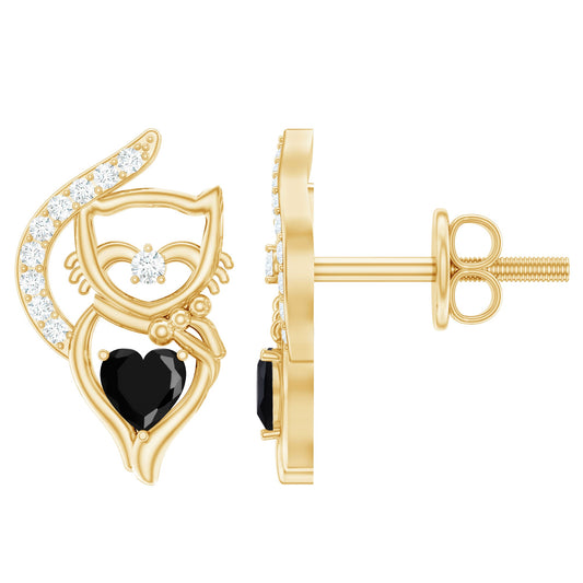 Heart Shape Black Onyx Cat Stud Earrings