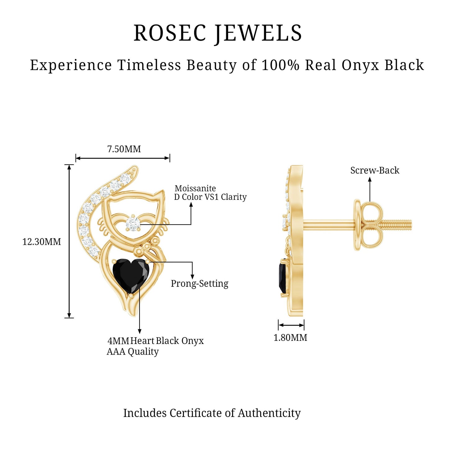 Heart Shape Black Onyx Cat Stud Earrings
