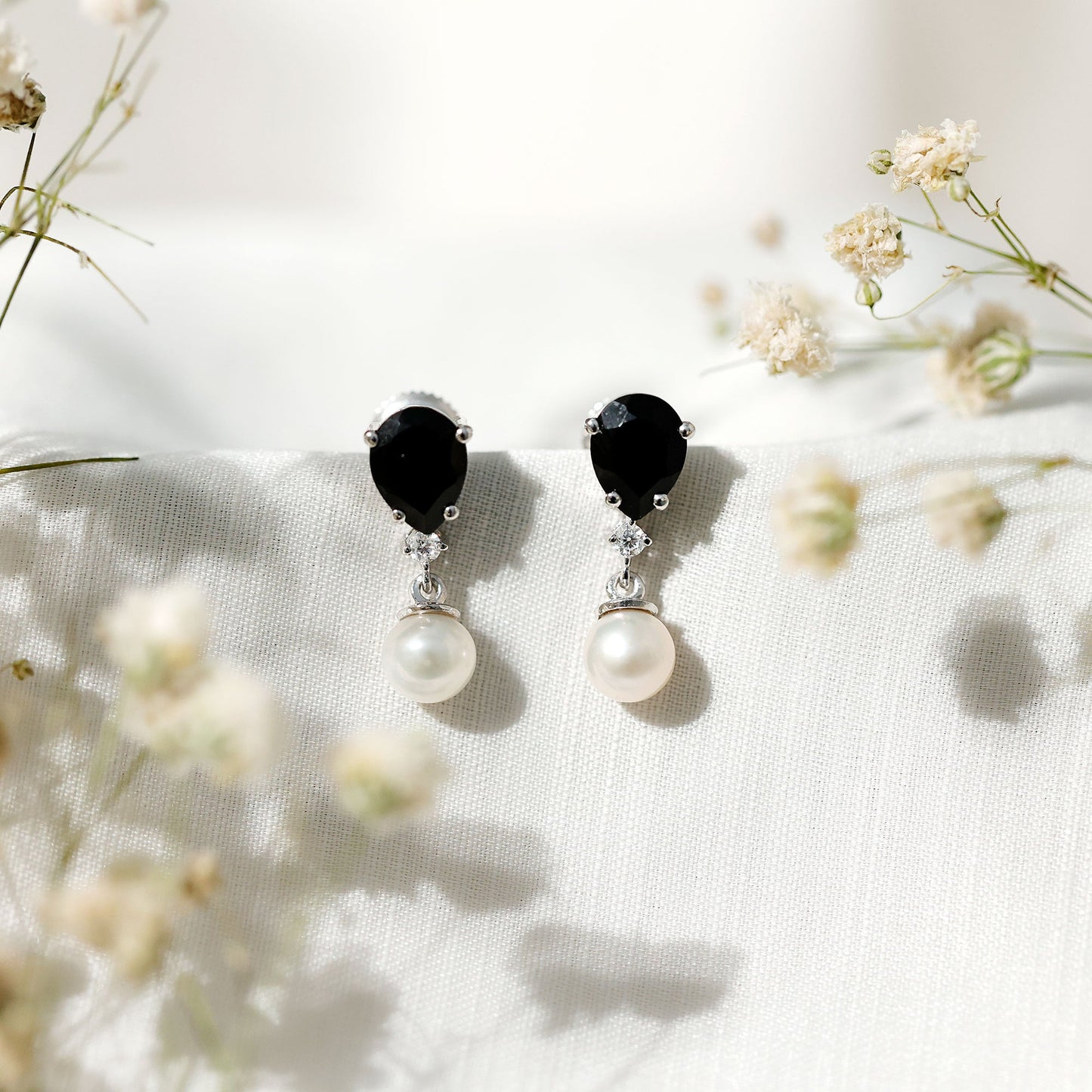 5.75 CT Freshwater Pearl Drop Earrings with Black Onyx and Moissanite