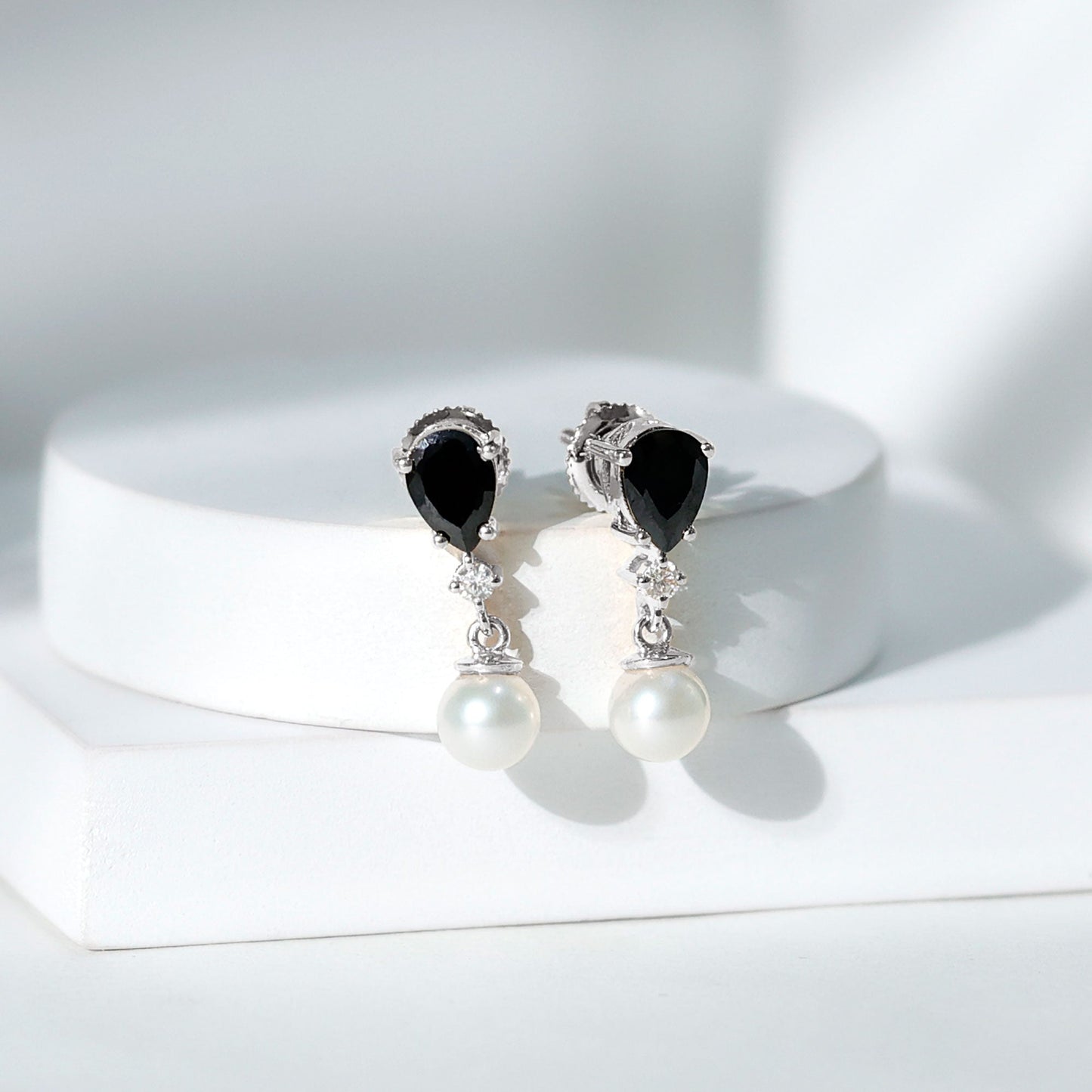 5.75 CT Freshwater Pearl Drop Earrings with Black Onyx and Moissanite