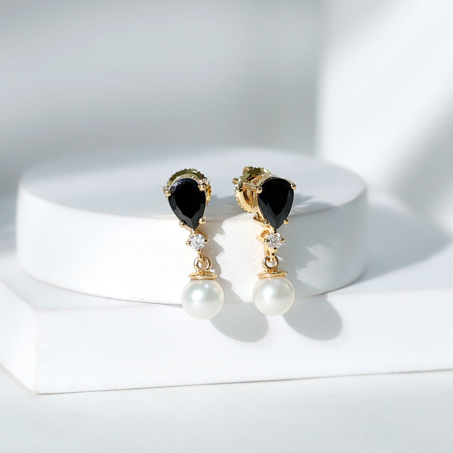 5.75 CT Freshwater Pearl Drop Earrings with Black Onyx and Moissanite