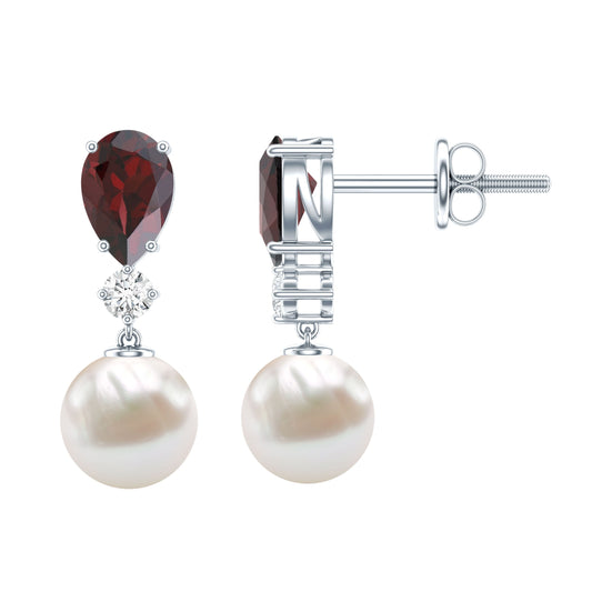 Sterling Silver Cultured Pearl and Garnet Bridal Drop Earrings