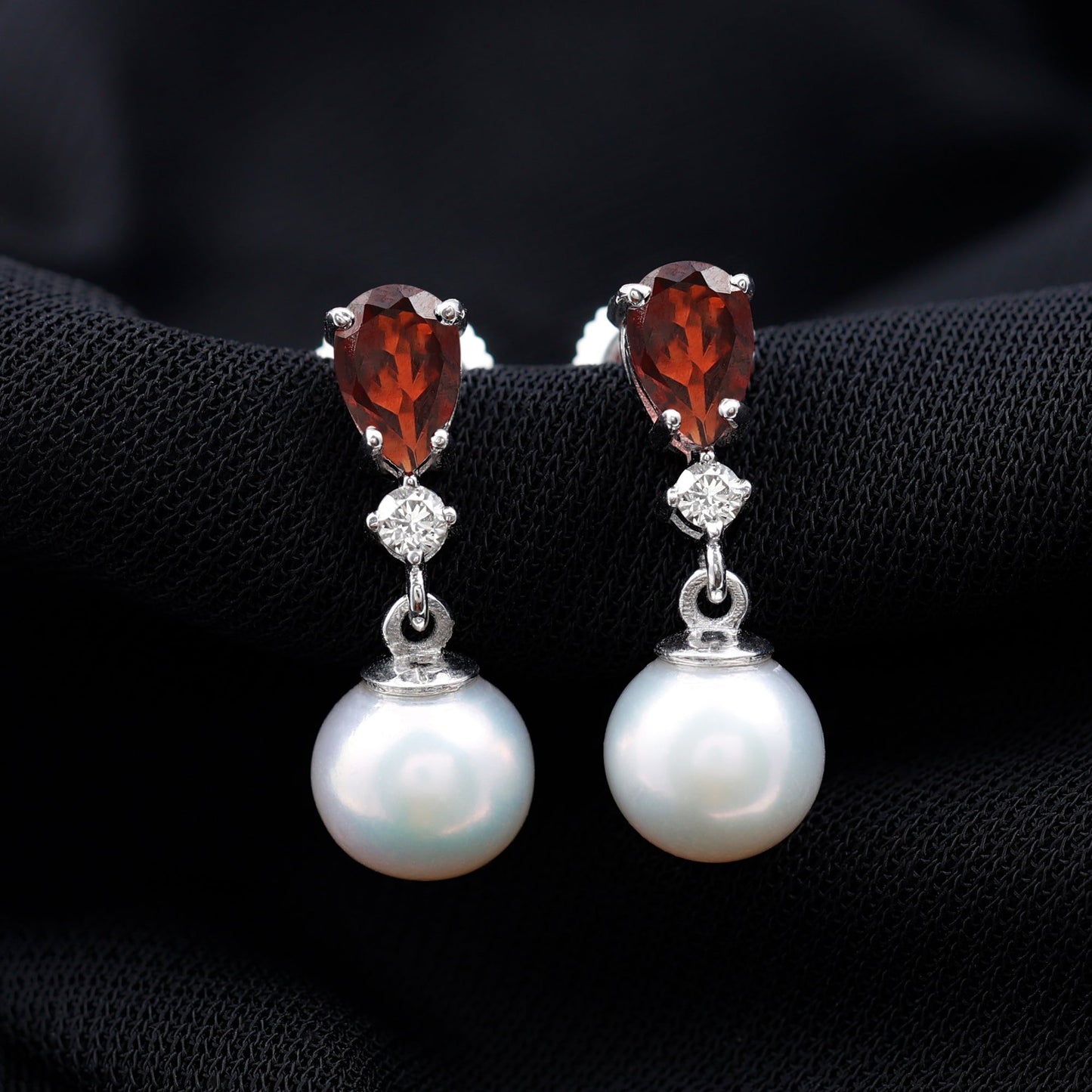 Sterling Silver Cultured Pearl and Garnet Bridal Drop Earrings
