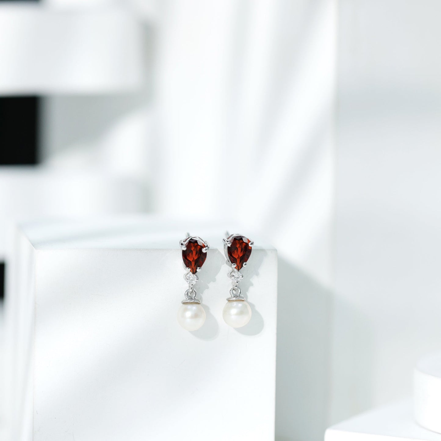 Sterling Silver Cultured Pearl and Garnet Bridal Drop Earrings
