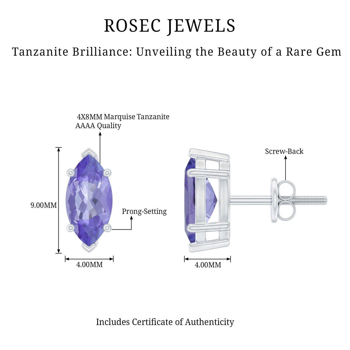 8X4 MM Marquise Cut Tanzanite Solitaire Stud Earring