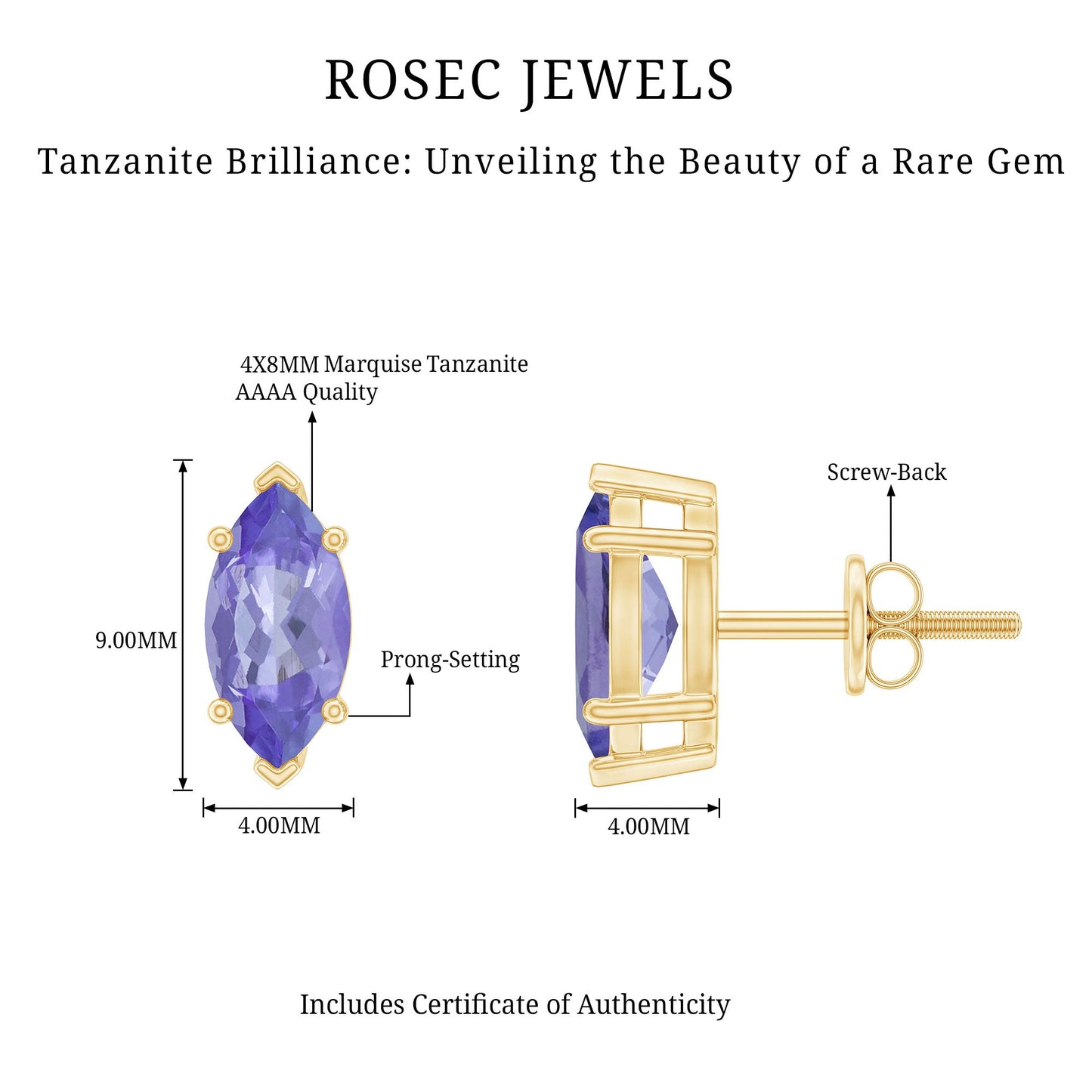 8X4 MM Marquise Cut Tanzanite Solitaire Stud Earring