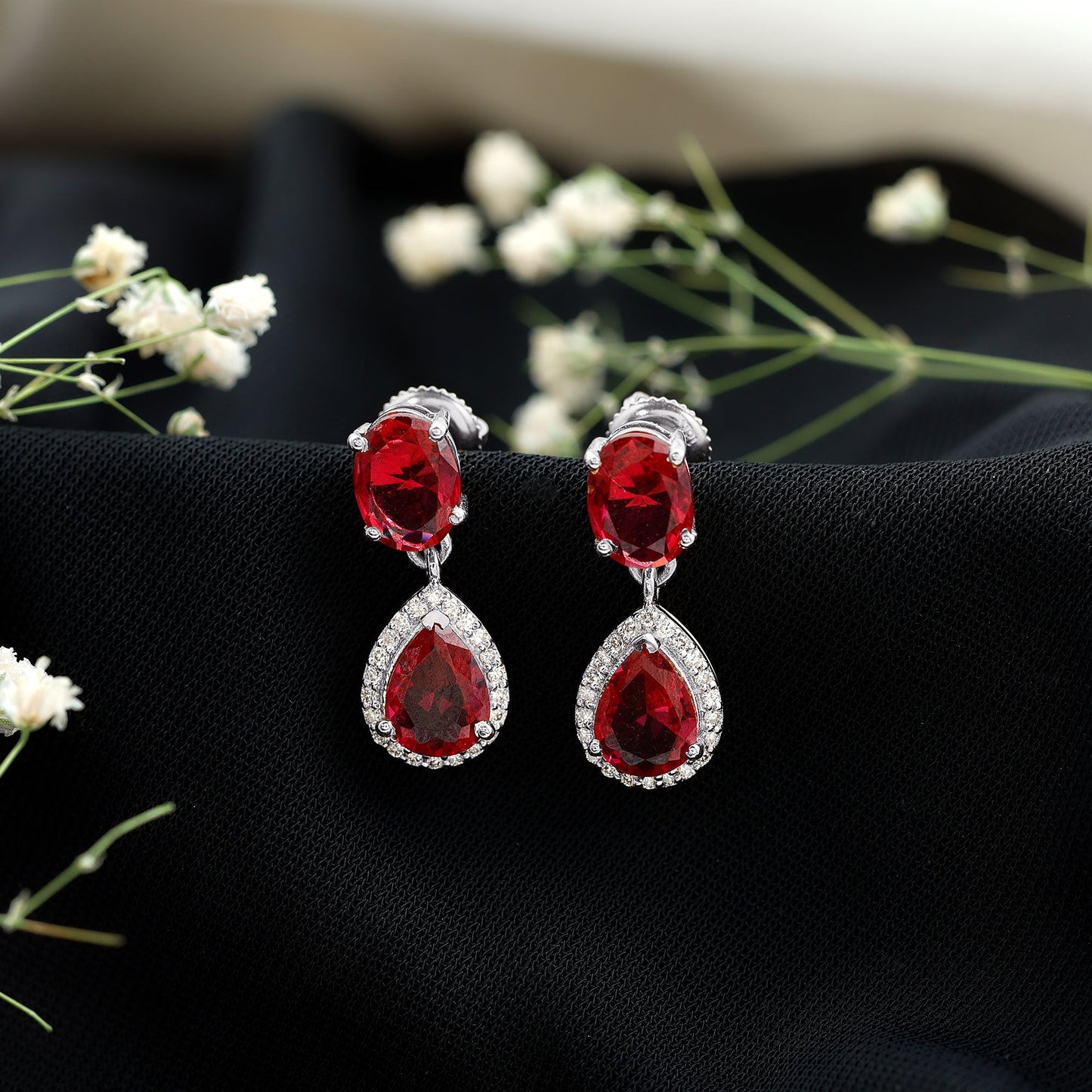5 Carat Lab Created Ruby and Diamond Dangle Drop Earrings