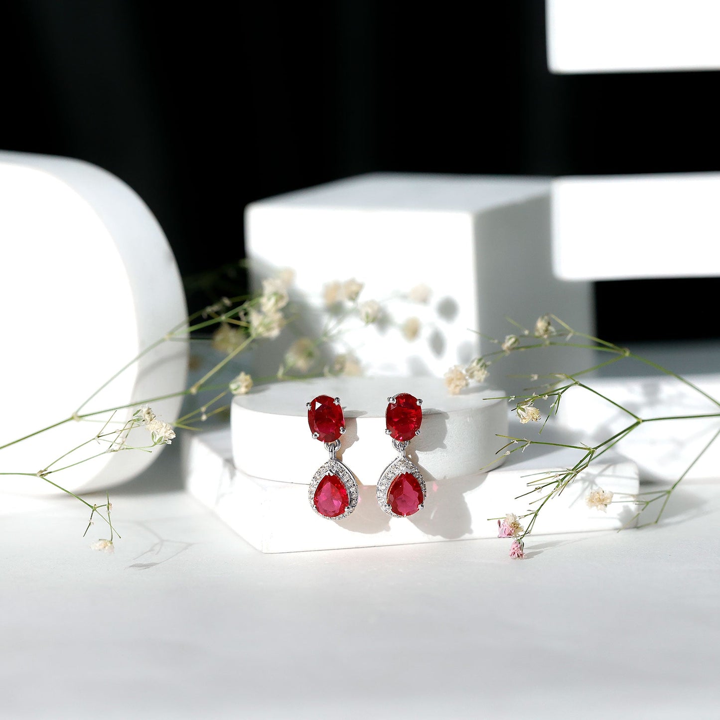 5 Carat Lab Created Ruby and Diamond Dangle Drop Earrings