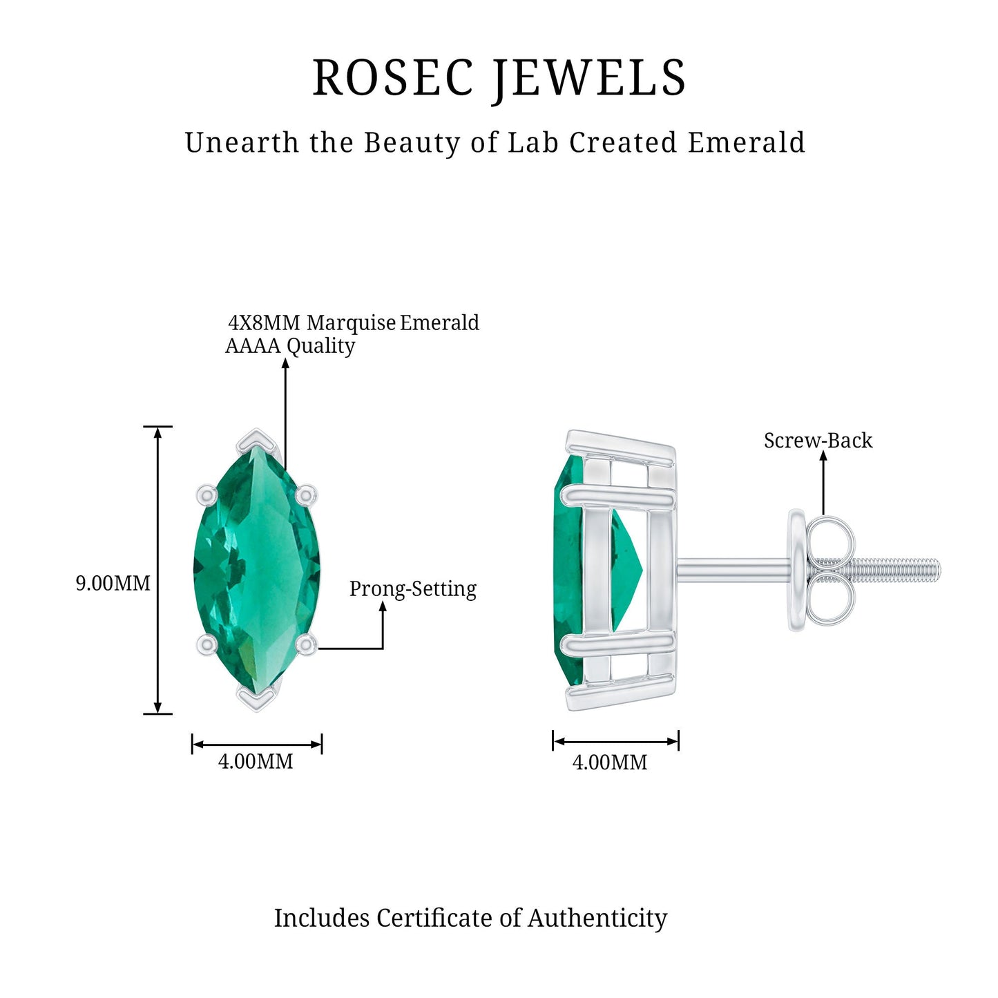 Marquise Cut 4X8MM Lab Created Emerald Solitaire Stud Earrings