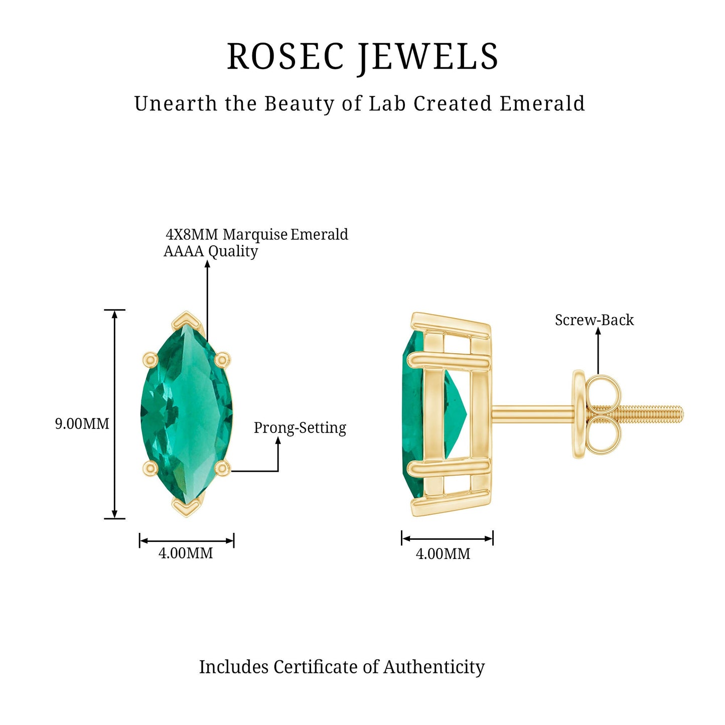 Marquise Cut 4X8MM Lab Created Emerald Solitaire Stud Earrings