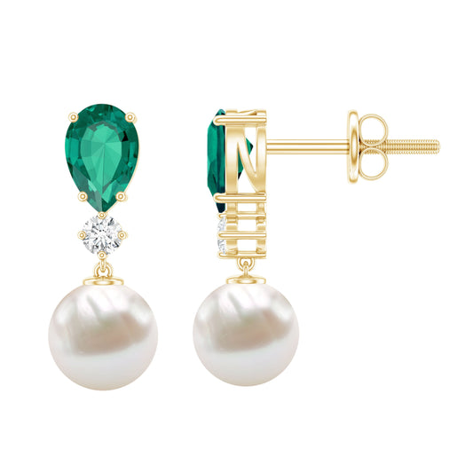 Freshwater Pearl Drop Dangle Earrings With Created Emerald
